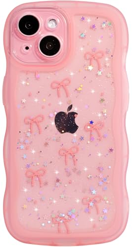 Qokey for iPhone 13 Mini Case 5.4 inch- Glitter Star & Curved Edge Handle Grip Design, Military-Grade Shockproof Clear TPU Cover, Sparkle Protection Scratch-Resistant, Holographic Pink Bow