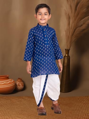 Image of Boys Dhoti Kurta Set for Kids - Cotton Kurta and Elastic Waist Dhoti - Traditional Dress
