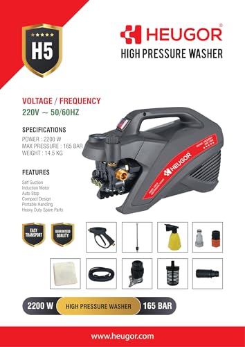 Image of H5 2200W High Pressure Car Washer, 165 Bar, 8.5L /Min, Induction Motor with Thermal Cutoff, 8M Steel-Reinforced Hose, Rotary Nozzle, Portable for Bike & Home Cleaning, 1-Year Warranty