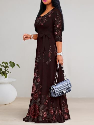 Image of Maxi Dress for Women with Sleeves, Empire Waist Dress | A-line shape, self-tie belt, side pockets and pull-on design; stretch fabric for church, work and casual wear