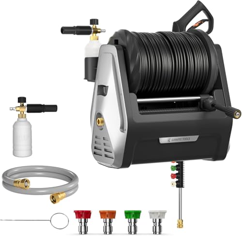 Giraffe Tools Wall Mounted Pressure Washer Essential with Upgraded 1800W Motor, 2900 PSI, 2.2 GPM Electric Power Washer, Automatic Rewind, 6ft Garden Hoses, 5 Nozzles for Floor/Cars/Fences/Patios