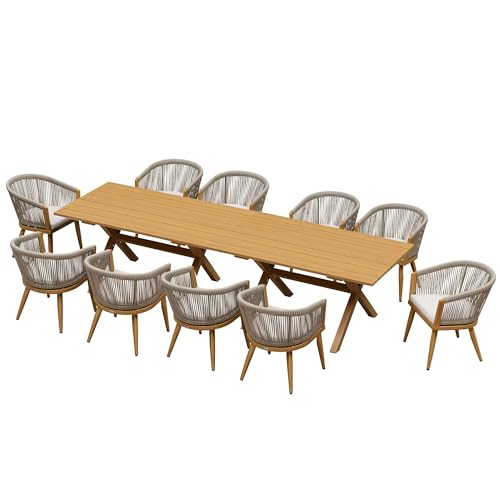 Image of PURPLE LEAF Outdoor Dining Set for 10 with 125.98 inch x 38.58 inch Table Teak