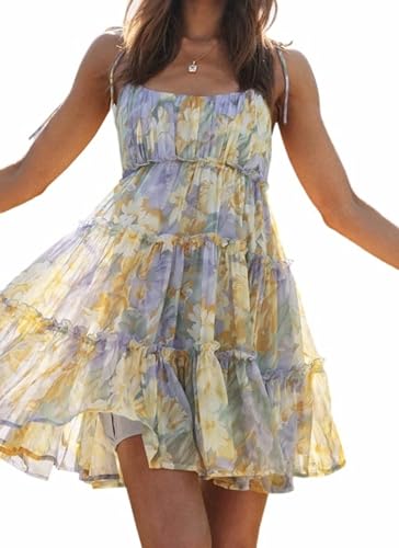 AELSON Sundresses for Women 2025 Floral Summer Dress Boho Flowy Cute Dresses Spaghetti Strap Sleeveless Ruffle Mini Dress