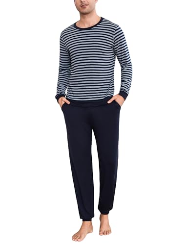 Bresdk Schlafanzug Herren Lang Pyjama Streifen Langarm Baumwolle Winter Schlafanzüge für Herren Pyjamahose Zweiteilig Set Nightwear Blaugrau XL