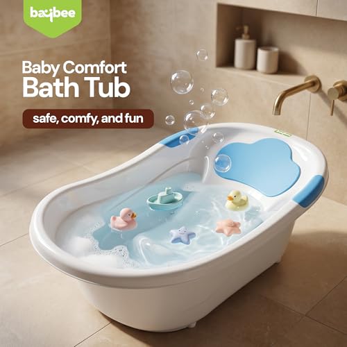Image of Baybee Comfort Baby Bath Tub for 0 to 5 Years | Baby Bather & Bathtub with Anti-Slip Base & Quick Drains | Bath Tub for Kids with Soft Headrest & Compact Storage for Boys & Girls (Blue)