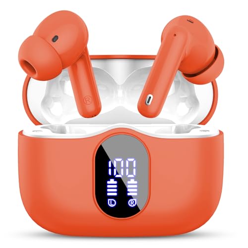 Wireless Earbuds, Bluetooth 5.4 Headphones Bass Stereo, Ear Buds with Noise Cancelling Mic, LED Display in Ear Earphones Clear Calls, IP7 Waterproof Bluetooth Earbuds for Laptop/Phones/Sports, Orange