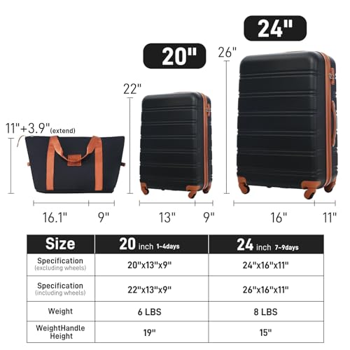 Luggage Sets 3 Piece,Hardshell ABS Travel Suitcases with Wheels & TSA Lock,20 Inch Carry On Luggage,24In Expandable Suitcase and Duffel Bag,Lightweight Rolling Luggage Set for Men and Women,Black3