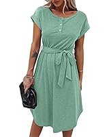 ZESICA Women's Summer Tunic Dress Button Down Neck Short Sleeve Tie Waist T Shirt Dress with Pockets,Green,Small