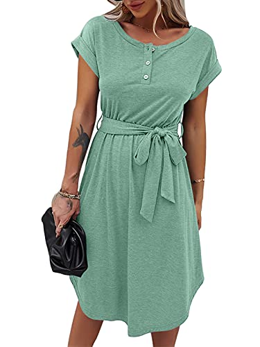 ZESICA Women s Summer Tunic Dress Button Down Neck Short Sleeve Tie Waist T Shirt Dress with Pockets,Green,Medium