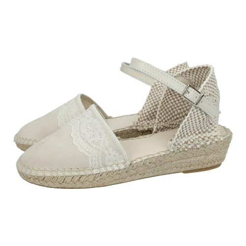 CONDIZ 233 Esparteñas de Piel en Color Beige para niñas, esparteñas de comunión Hechas en España, con Encajes al Frente NIÑA Zapato COMUNIÓN Beige 35
