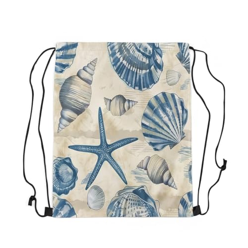 Image of jejeloiu Nautical Drawstring Backpack 13x15.7inch Ocean Theme Seashell Waterproof Gym Drawstring Bags Tropical Beach Sports String Backpack Beach Swim Travel Bag Sackpack