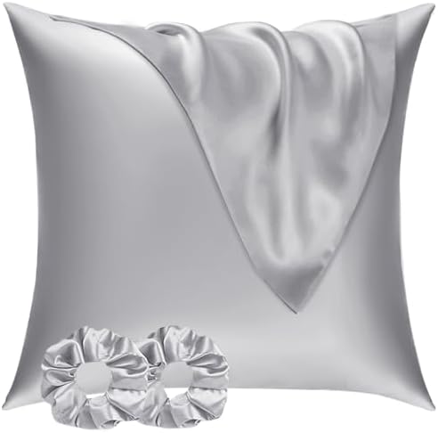 Vielit Satin Kissenbezug 80x80 2pc, wie EIN Seidenkissenbezug Grau | Satin Pillowcase Hotelverschluss mit 2 Scrunchies, Glatt wie Silk Pillowcase, Gut für Haar und Haut，Öko-Zertifi