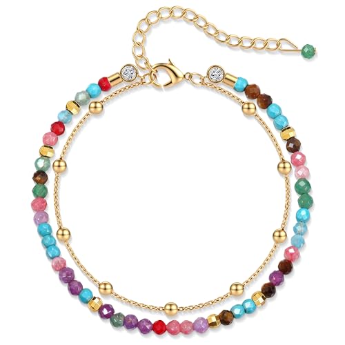 LOLIAS Pulsera Mujer Piedras Naturales Pulsera Chakra de 3,5 MM Cuentas de Acero Inoxidable Pulseras Oro Regalo de Joyería para Mujer