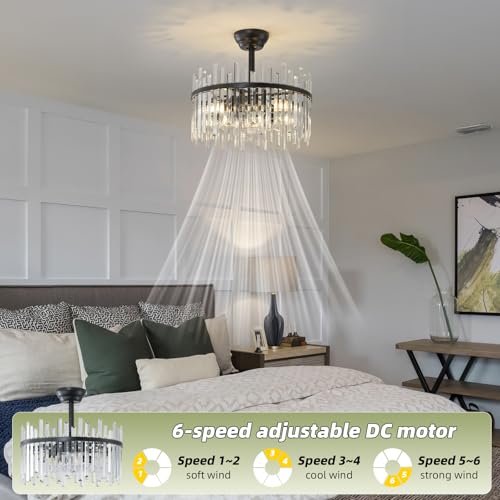 Image of Black Fandelier Ceiling Fans with Lights, Crystal Chandelier Ceiling Fan with Light Remote Control, Mid Century with 6 Speeds for Bedroom, Living Room