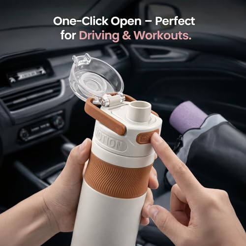 Image of 600ml Insulated Water Bottle with Straw - Premium SUS 316 Stainless Steel Sport Flask - Insulated Hot & Cold, Leak-Proof One-Click Flip Top - Gym & Travel Bottle (Ivory Mocha)