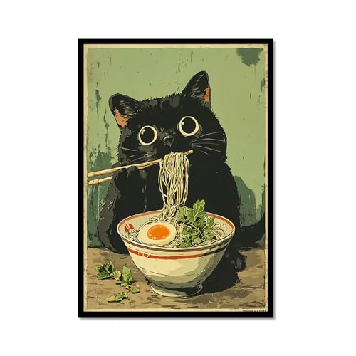 Affiche insolite de grenouille mangeant des ramen retro et cadre chat japonais vintage