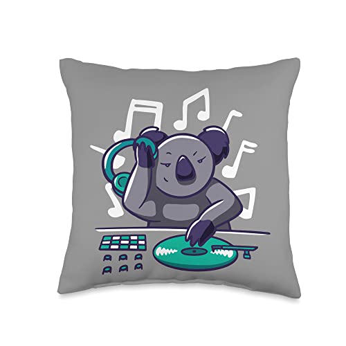 Koala Bear DJ Disc Jockey Spin Table Illustration Koala Bear DJ Jockey Disc Spin Table Illustration Music Throw Pillow, 16x16, Multicolor