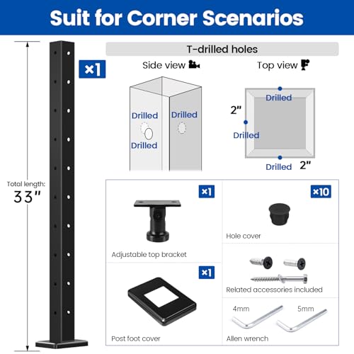 image for Muzata Black Corner Cable Railing Post 36 Inch 36