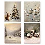 KSDUT Vintage Christmas Wall Art Decor Set of 4 - Retro Winter Holiday Xmas Artwork Poster Squirrel Birds Landscape Wall Decor for Home Farmhouse Bedroom Gallery Decorations - 8'x10' Unframed
