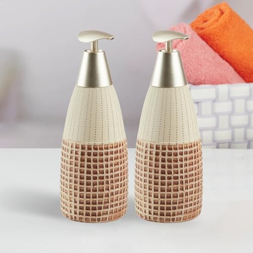 Image of SaSaSa Ceramic Soap Dispenser for Bathroom handwash, refillable Pump Bottle for Kitchen Hand wash Basin, Set of 2, Brown /Beige (10893)