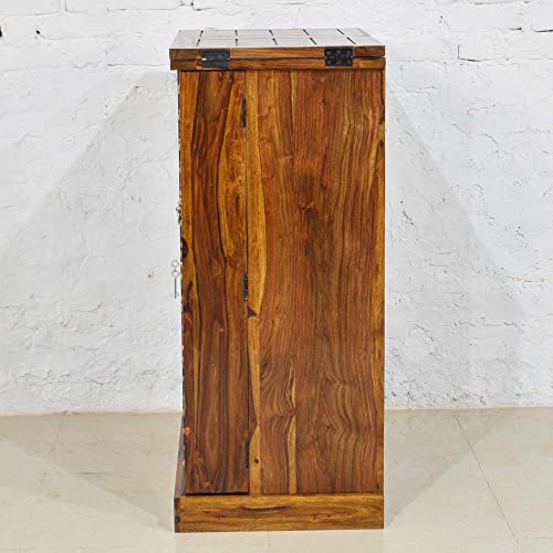 Image of Solid Sheesham Wood Bar Unit Cabinet With Storage Bottle Shelve & Built-in Glass Holder Brass Studs Drink Wine Rack Organizer For Living Room Home & Lounge Dining Cupboard Liquor Furniture