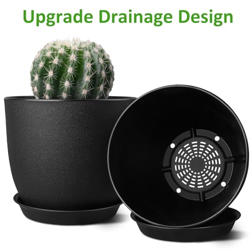 Moneysdodo 8 inch Plant Pots Set of 4 Pack, Plastic Planters with Drainage Holes and Saucers, Morden Decorative Creation Flower Pots for Indoor & Outdoor Garden House Plants, Black - Thumbnail 3