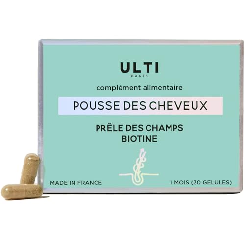ULTI Paris Complément Alimentaire pour la Pousse des cheveux, Biotine, Roquette, Prêle Des Champs, Zinc, Cuivre, Sélénium, Vitamine B6. Fabriqué En France. 30 Gélules
