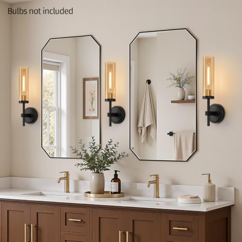 Image of MOKATNG Hardwired Wall Sconces Set of Two, Black and Gold Bathroom Sconces with Amber Glass, Modern Wall Light Fixtures for Bathroom Mirror Vanity, Living Room, Hallway, Stairway, Cabinet, Foyer
