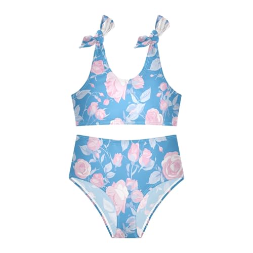 Blue Color Pattern Roses Girls' Two Piece Kids Bikini Set Scoop Neck Swimsuits Swimwear Adjustable Strap3