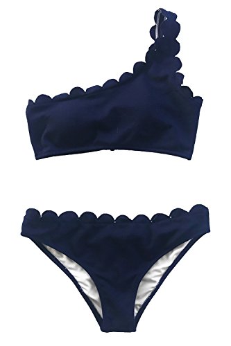 Cupshe Women’s Swimsuit Solid Color Wavy Edge One Shoulder Bikini Set Beach Swimwear Bathing Suit Navy Blue, M #TOP3