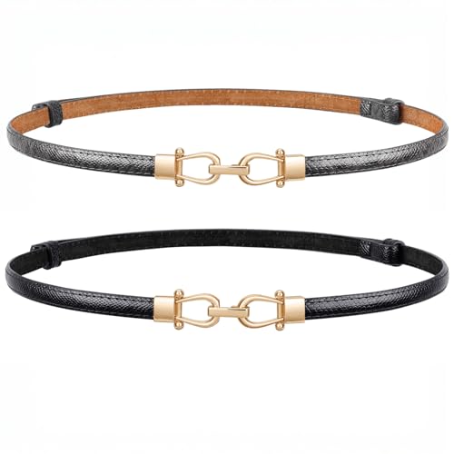Image of JASGOOD Leather Skinny Belts for Women Plus Size Ladies Thin Waist Belts Adjustable for Jeans Pants Dresses with Gold Buckle