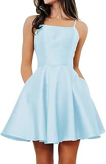 Spaghetti Strap Homecoming Dresses for Teens 2025 Satin Short Junior Prom Dresses with Pockets - Buy now