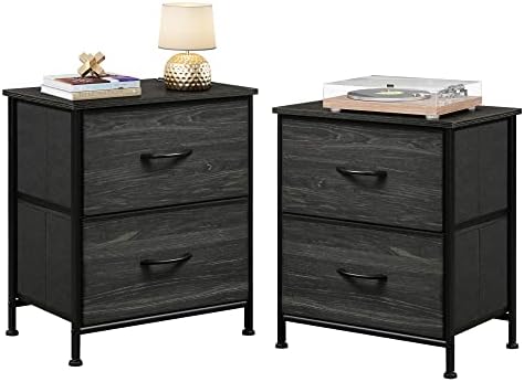 WLIVE Nightstand Set of 2, 2 Drawer Dresser for Bedroom, Small Dresser with 2 Drawers, Bedside Furniture, Night Stand, End Table with Fabric Bins for Bedroom, Dorm, Charcoal Black Wood Grain Print
