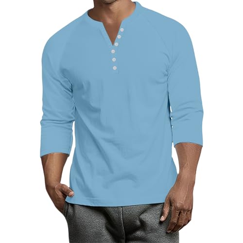 Men's Henley Top Three Quarter Sleeve Tshirts Men Raglan Summer Work-Out Stretchy Henle T Shirts Solid Cozy Cotton Button Down Tops Men Blue XL