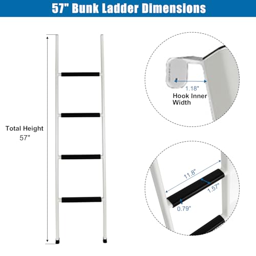 Image of Anti-Slip RV Bunk Ladder, 57in Integrated Heavy Duty Steel, White | Camper Bunk Bed Ladder with Anti-Slip Rubber Foot Pads and Hooks