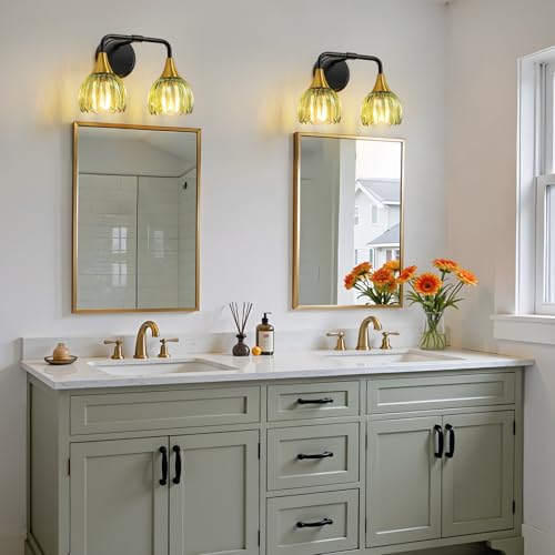 Image of Bathroom Vanity Light Fixtures: 2-Lights Vintage Bathroom Lights Over Mirror with Ribbed Green Tulip Glass Shade - 14 inch Black and Gold Wall Sconce Bath Lighting