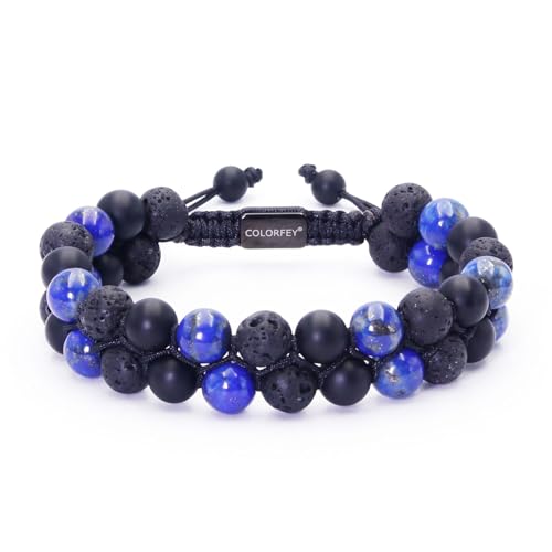 Triple Protection Bracelet for Men Women Mens Blue Beaded Lapis Lazuli Crystal Bracelet Premium Lava Rock Onyx 8mm Stone Bracelets, Healing Energy Bracelets Warm Gift for Him Bring Luck