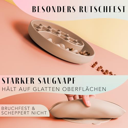 ne&no® Anti Schling Napf für Hunde und Katzen I Slow Feeder I Leckmatte Hund mit großem Saugnapf I Schleckmatte Katze für Nassfutter und Trockenfutter (Taupe)