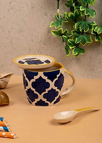Image of HS HINDUSTANI SAUDAGAR Blue Umrao Cup & Coaster Set of 1 (330 ML Each) Microwave Safe Coffee Mugs Ceramic Milk Mug Ceramic Tea Mug Set Handmade Cup Best for Gift.