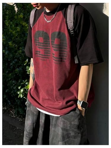 Men's Number Graphic Baggy Shirts Color Block Short Sleeve Crewneck Vintage Tees Tops4