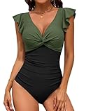 FemiChic Badeanzug Damen Bauchweg Shape Badeanzüge Rüschen Curvy Einteilige Bademode V Ausschnitt Schwimmanzug mit Cups Swimsuits Sommer Strand(Armeegrün Schwarz,M)