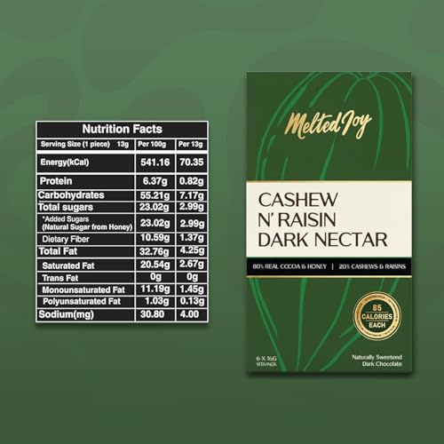 Image of Melted Joy Cashew N'Raisin Dark Nectar | 85 Calorie Dark Chocolate Squares - Portion Sized for Fat Loss | Naturally Sweetened with Honey | Pack of 6 (Set of 3)