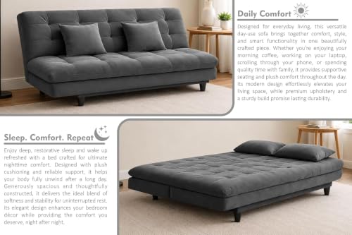 Image of Velvet Fabric Wooden 3-Seater Apsen Sofa Bed with Tufted Couch with Adjustable Backrest- Living Room Furniture-Grey-Color