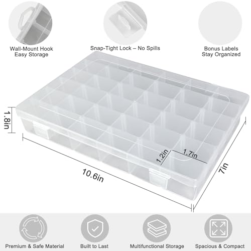 2/4 Pack 36 Grid Plastic Organizer Box with Dividers – Clear Small Craft Storage Container and Bead Organizer Box for Jewelry, DIY, Nail Art, Fishing Tackle, Small Parts (4 Pack)
