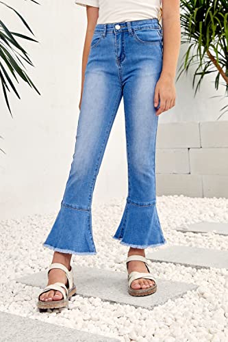 Kids Girls Flared Jeans Mid Waist Bell Denim Bottoms Stretch Fitted Pants 4-15 Years4