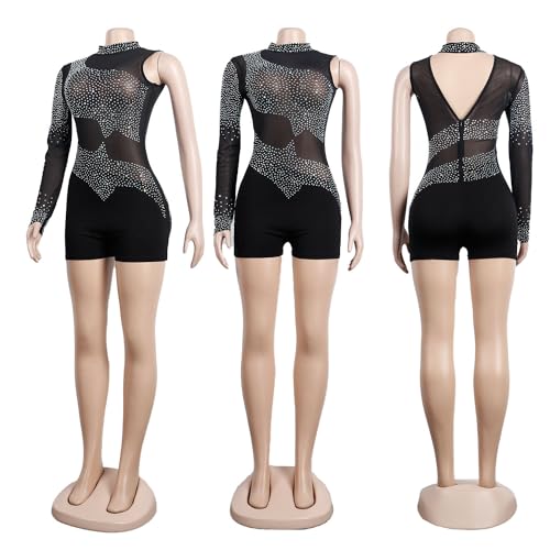 Image of Jigfar Women Sexy Embellished Rhinestone Bodycon Jumpsuit Mesh See Through Patchwork Birthday Party Night Out Clubwear