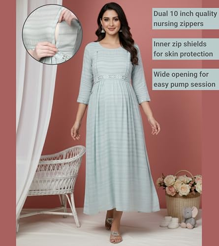 Image of DUMMY SHAPE Feeding Kurtis for Women Cotton Blend | Printed Pregnancy Flare Kurta with Dual Nursing Zippers to Pre & Post Partum | Maternity Dresses | Gifts for Pregnant Woman