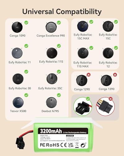 Image of 3200mAh Replacement Battery Compatible with Eufy RoboVac 11s, Ideal for Eufy Battery Replacement, Fits eufy11 30 15C 15T 12 35C, Ecovacs Deebot N79 N79S DN622, Goovi F007C D380 D382, Amarey A800 A900