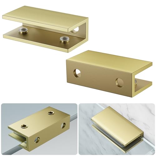 Ranbo 2 Pcs Frameless Glass Clamp Brackets for Shelf and Shower, Heavy Duty Wall Mount Rectangular Holders for 1/4