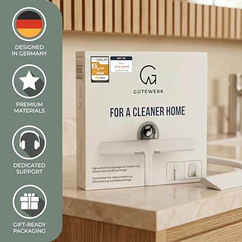 GÜTEWERK shower squeegee white 9 in - incl. chrome suction cup hook - stainless steel core - silicone rubber squeegees for bathroom cleaning - window screen wiper cleaner glass scraper blade showers - Image 4